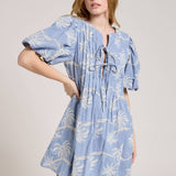 Palm Print Puff Sleeve Tie Front Mini Dress