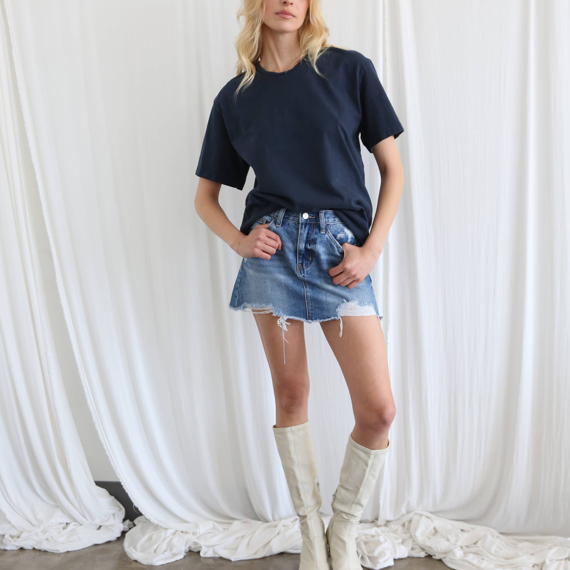 A-Line Denim Frayed Hem Mini Skirt