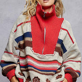 High Collar Half Zipper Ethnic Color Block Pullover Sweater
