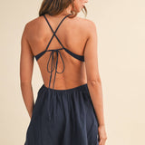 ID10176 SCALLOP APLIQUE CRISS CROSS BACK FLARE MINI DRESS