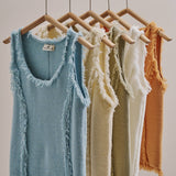 Frayed Trim Textured Knit Sleeveless Top