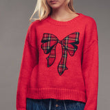Plaid Bow Patch  Knit Sweater