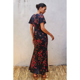 Cherry Print Flutter Sleeve Maxi Dress