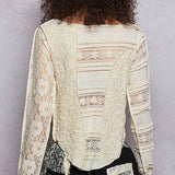 Long Sleeve Round Neck Lace Texture Knit Slim Fit Top