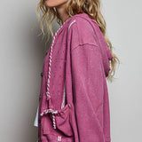 Vintage Washing Solid Laser Cut Thermal Knit Hoodies Top