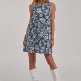 SLEEVELESS DENIM MINI DRESS WITH SCALLOPED EMBROIDERY DETAIL
