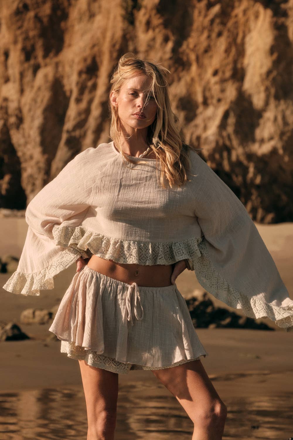 Cotton Gauze and Crochet Lace Ruffle Bell-Sleeve Cropped Top