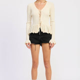 LONG SLEEVE RIBBED RUFFLE TOP