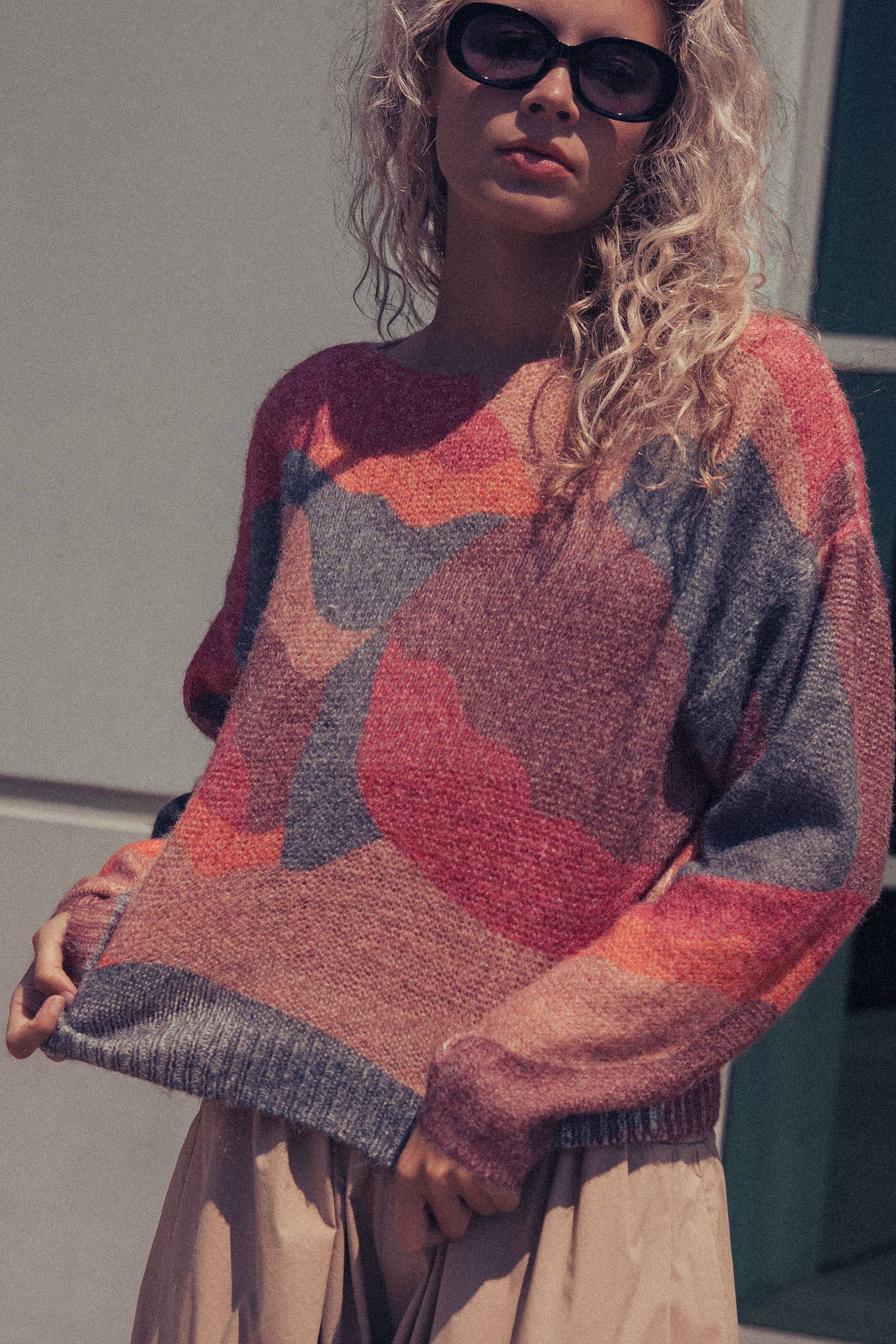 Abstract Pattern Boxy Fuzzy Knit Sweater
