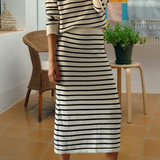 Stripe Ribbed Trim Button Cuff Top Midi Skirt 2pcs Outfit