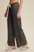 Wide-Leg Denim Drawstring Pants