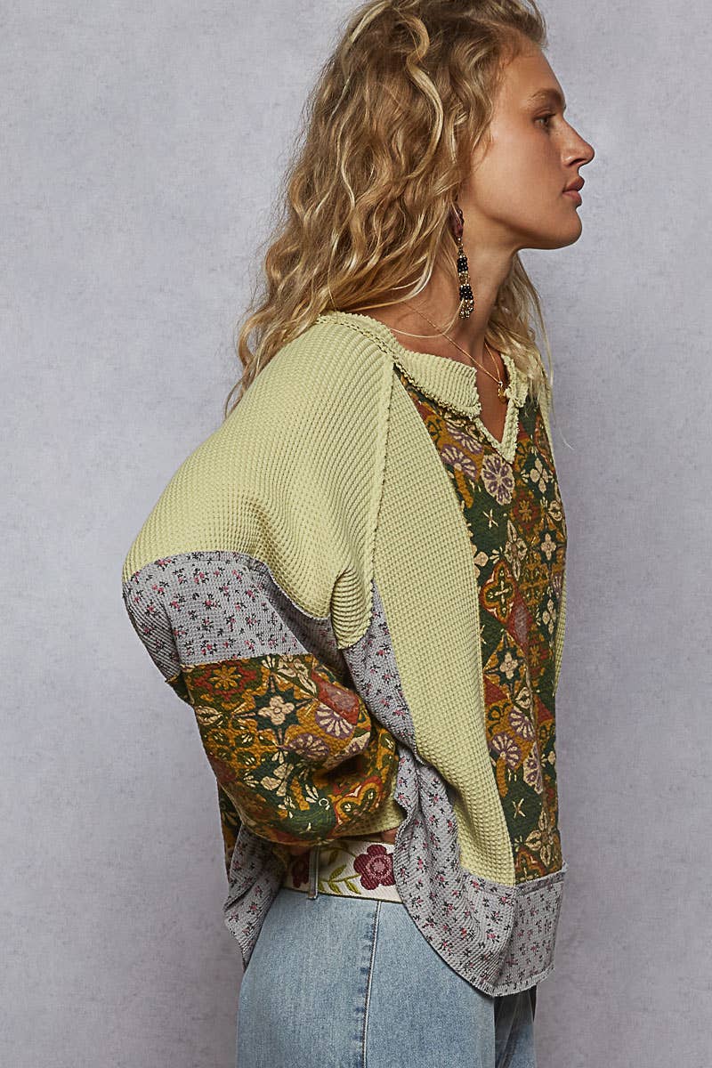 Print Panel Green Tea Knit Sweater