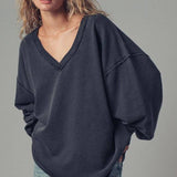 Raw Edge V-Neck Oversized Sweatshirt