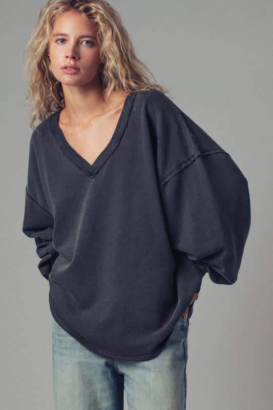 Raw Edge V-Neck Oversized Sweatshirt