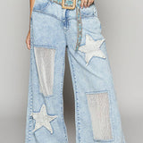 Vintage Washed Crochet Star Patch Jeans