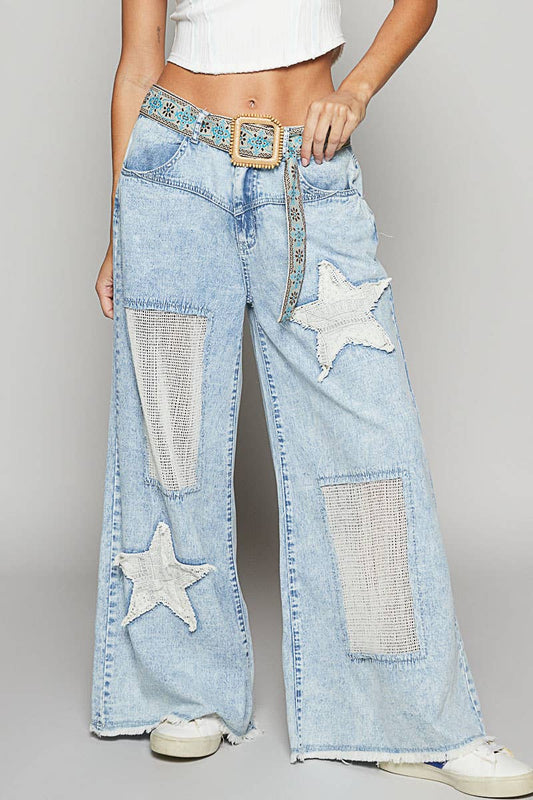 Vintage Washed Crochet Star Patch Jeans