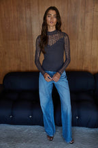 Ribbed Sheer Lace Mock Neck Long Sleeve