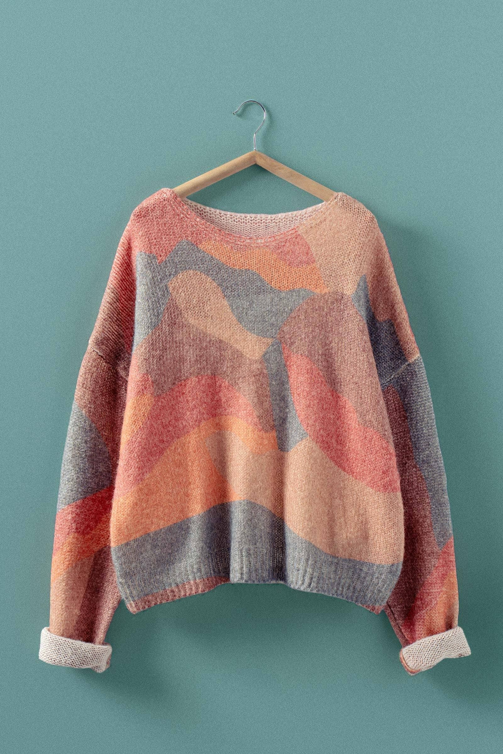 Abstract Pattern Boxy Fuzzy Knit Sweater