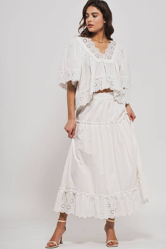 Laced Eyelet Tiered Midi Skirt