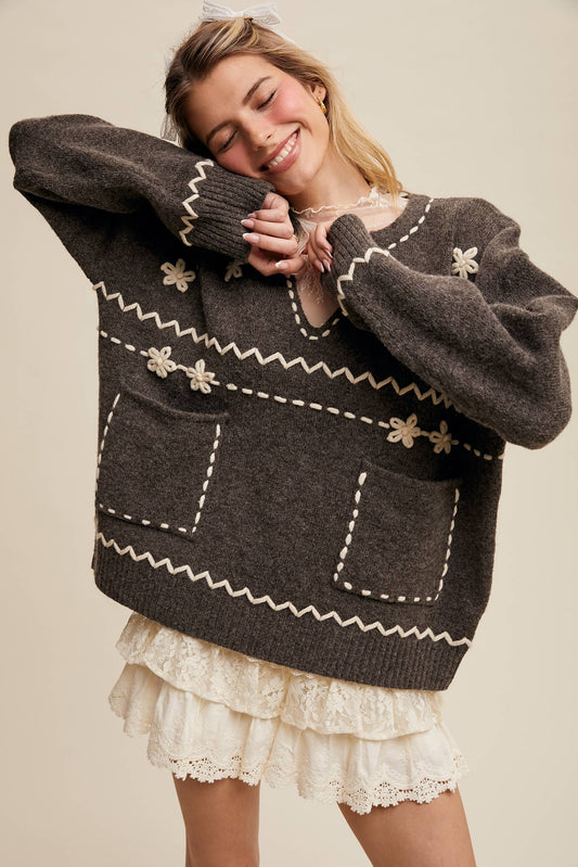 Floral Embroidered Knit Sweater