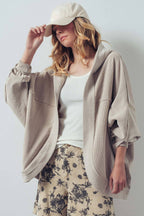 Washed Waffle Knit Hooded Cardigan