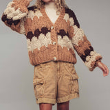 Chevron Chunky Knit Cardigan – Balloon Sleeves, Cropped Fit