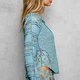 Long Sleeve Round Neck Lace Texture Knit Slim Fit Top