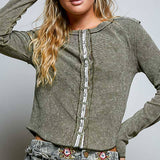 Vintage Washing Solid Metal Button Down Thermal Knit Top