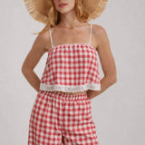 GINGHAM CHECK CROPPED CAMI TOP AND WIDE LEG PANTS SUMMER SET