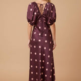 SATIN POLKA-DOT V NECK MAXI DRESS