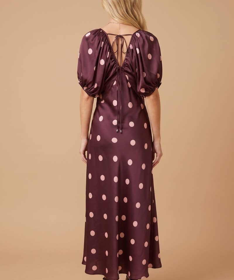 SATIN POLKA-DOT V NECK MAXI DRESS