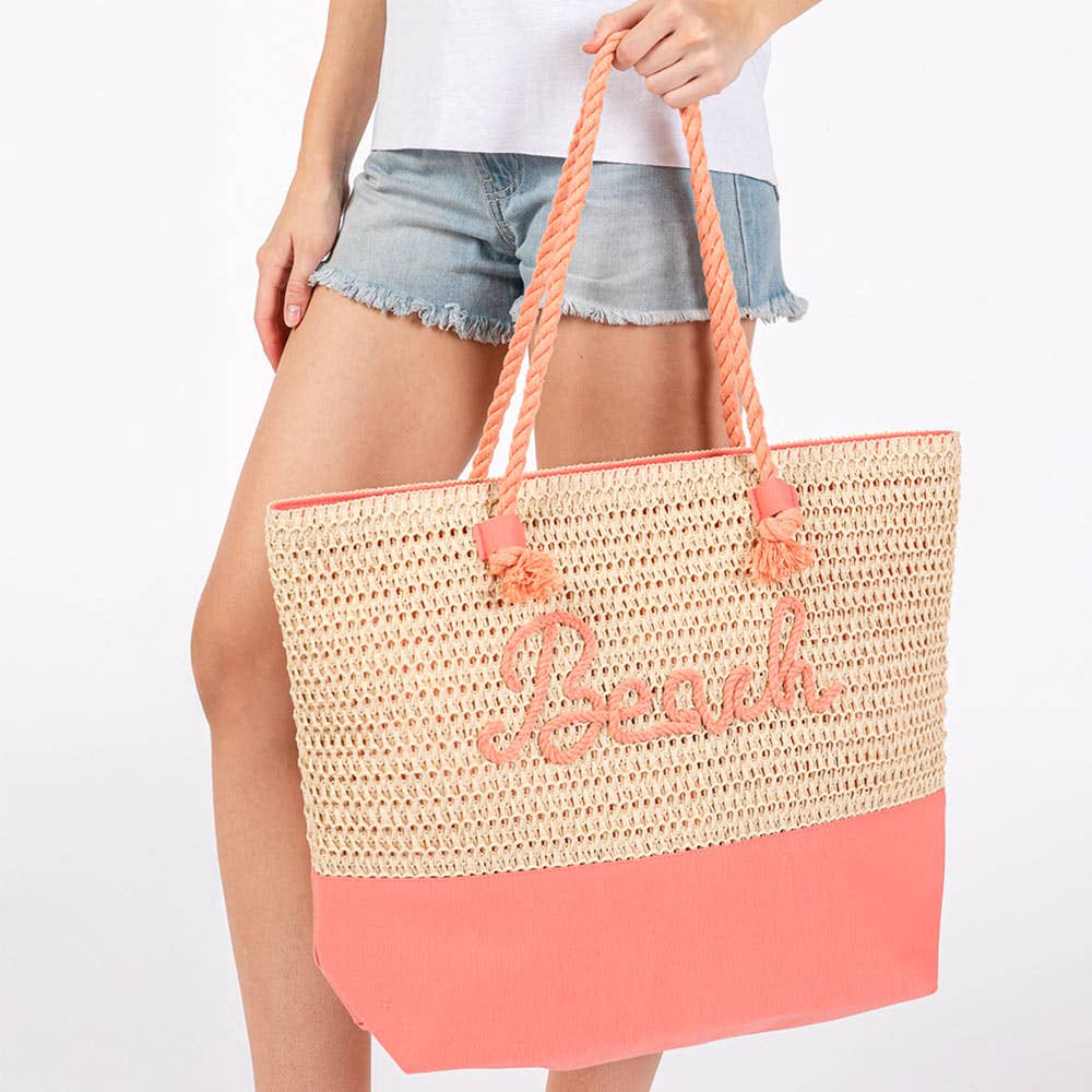 "Beach" Embroidered Crochet Tote Bag