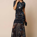 Printed Asymmetrical Mesh Ruched Maxi Dress