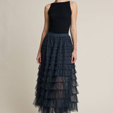 Plaid Mesh Ruffle Maxi Skirt - RS1106