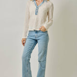 61698 Denim Mix Textured Knit Henley Top