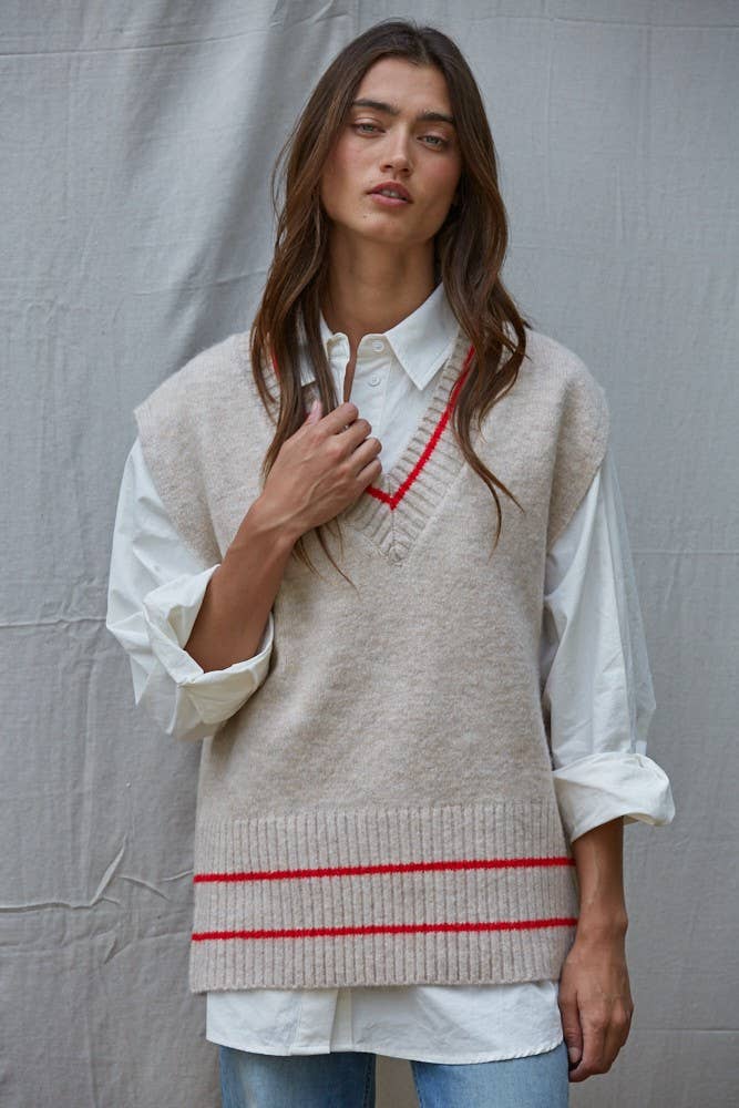 Knit Sweater Vest Top With Printed Striped Detail