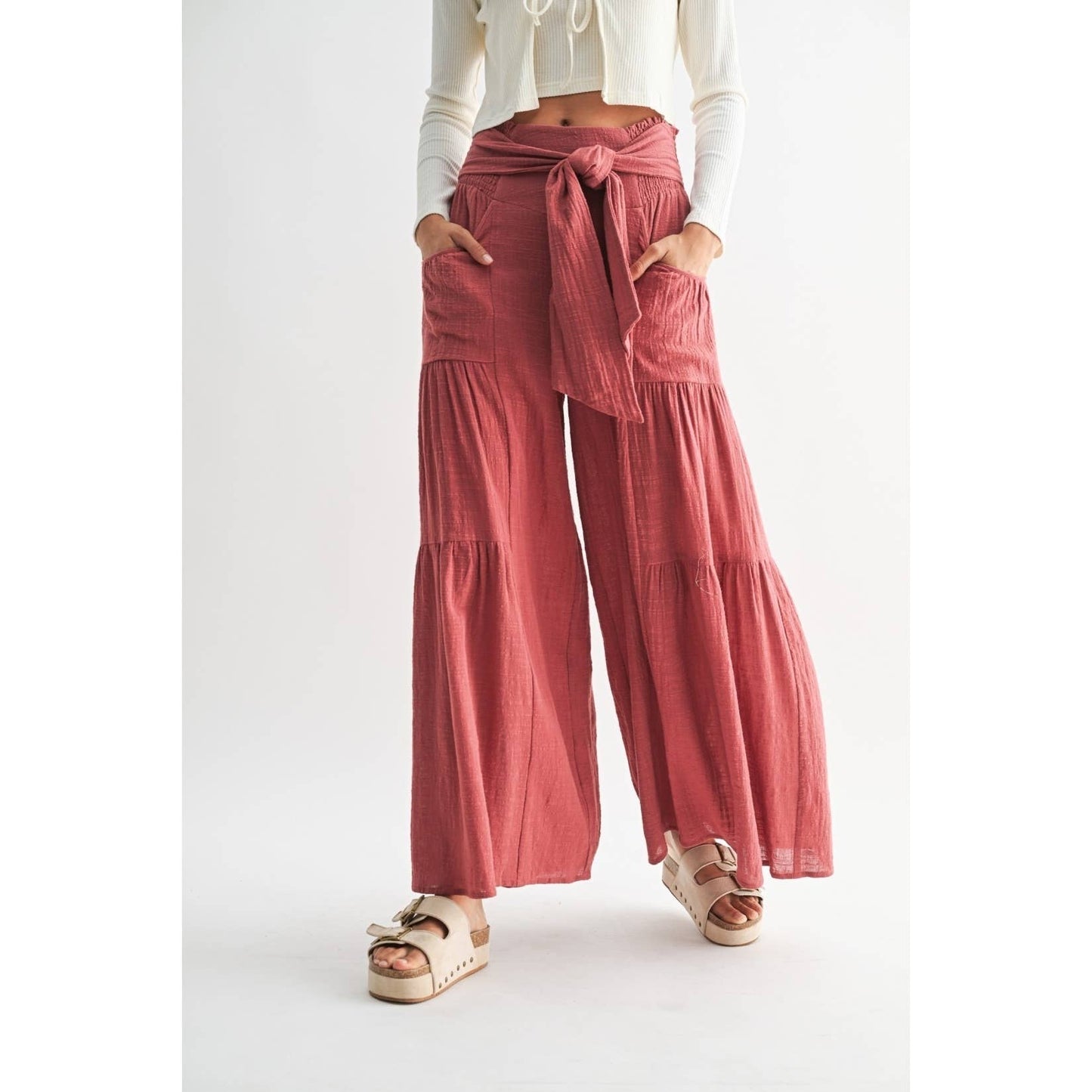 English Red Tiered Wide Leg Pants