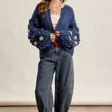 Hand Knit Floral Bobble Sleeve Cardigan LSW1097