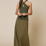 Crisscross Halter Contrast Knit & Woven Maxi Dress