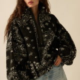 Floral Sherpa Fleece Half-Zip Pullover Jacket