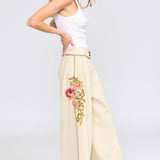 Time To Shine Denim Pants - Cream | Wide Leg Floral Slacks