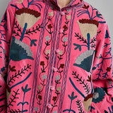 Embroidered Stand Collar & Contrast Trim Velvet Jacket