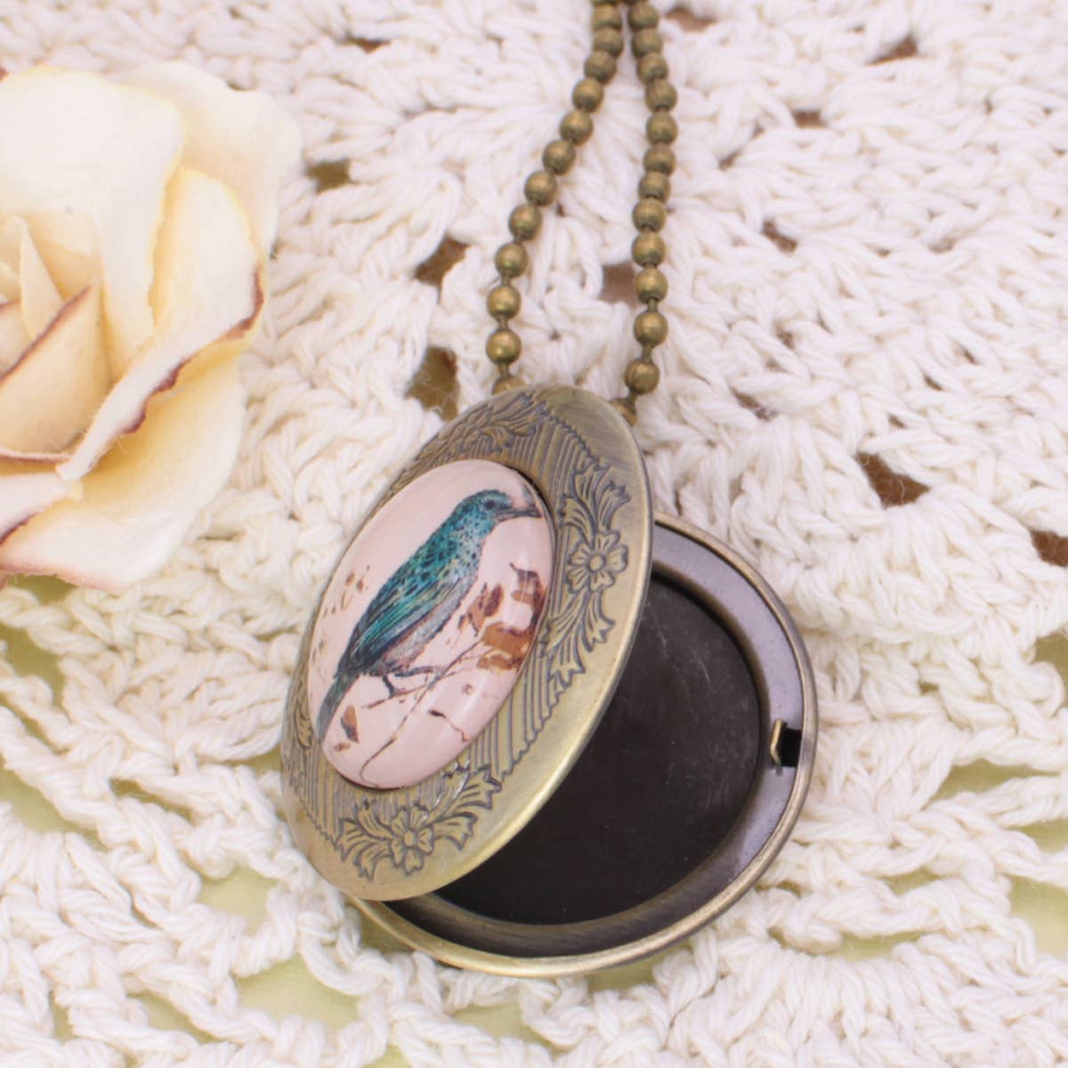 Vintage Bird Print Gold Locket Necklace
