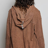 Vintage Washing Solid Laser Cut Thermal Knit Hoodies Top