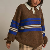 Striped Rugby Polo Sweater With Contrast Collar