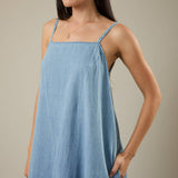 SLEEVELESS A-LINE LIGHT WEIGHT DENIM MAXI DRESS