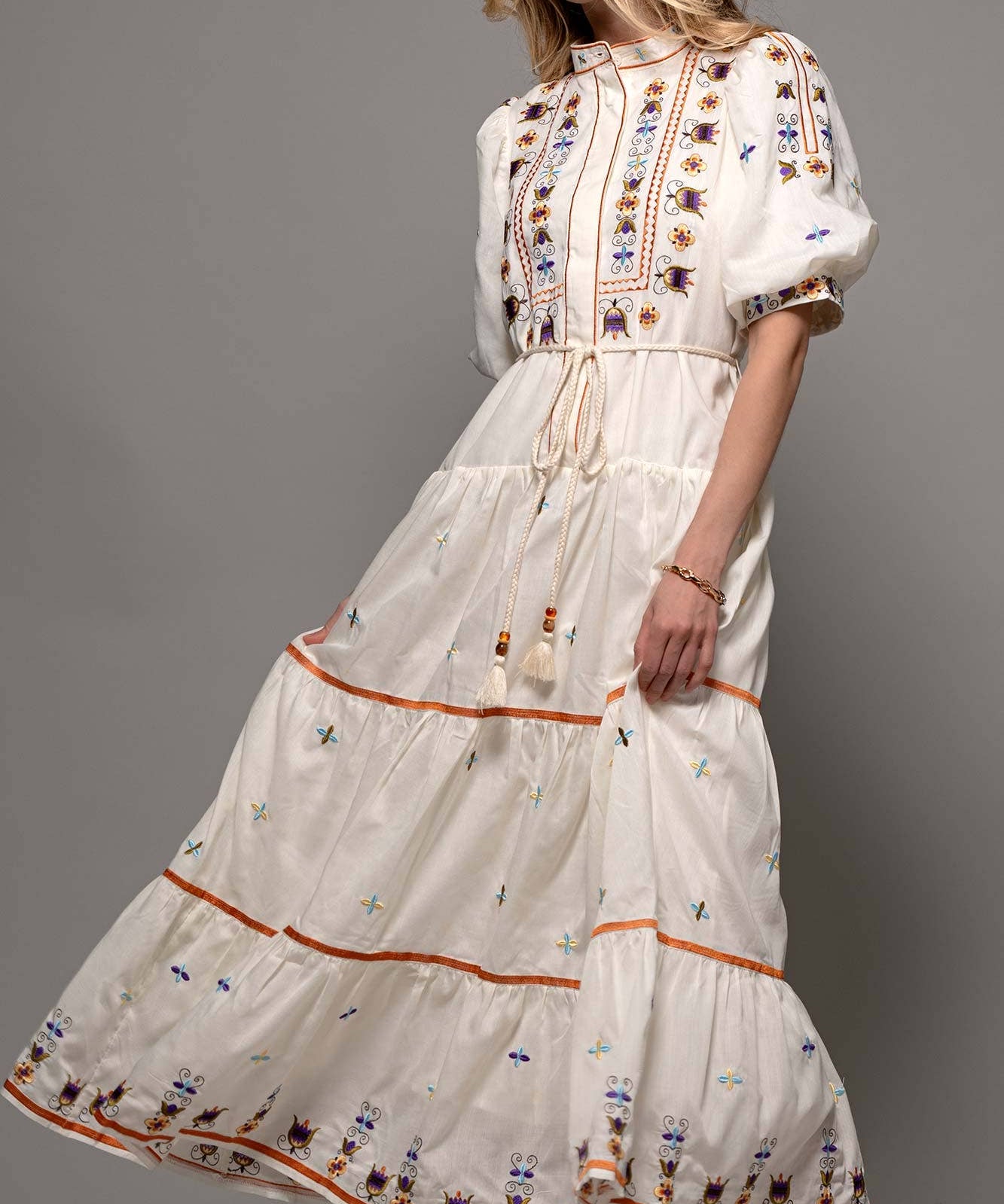 Embroidered Balloon Sleeve Midi Dress