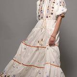 Embroidered Balloon Sleeve Midi Dress