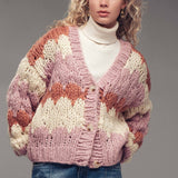 Chevron Chunky Knit Cardigan – Balloon Sleeves, Cropped Fit
