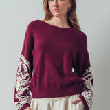 Embroidered Sleeve Ivory Knit Sweater